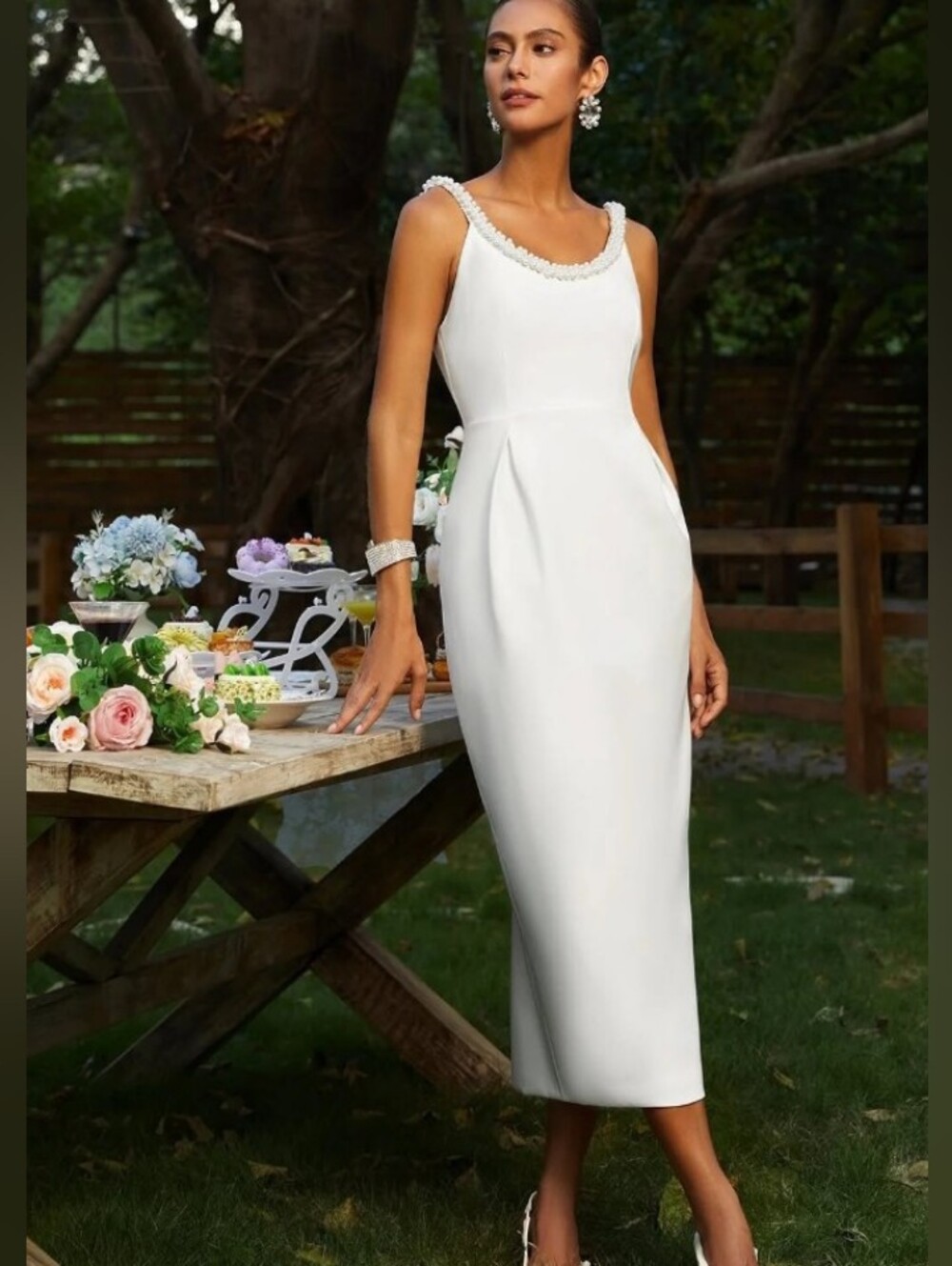 Fehaute Pearl Trim Drop Back Bridal Dress White Anke Length Sz 8 NWT